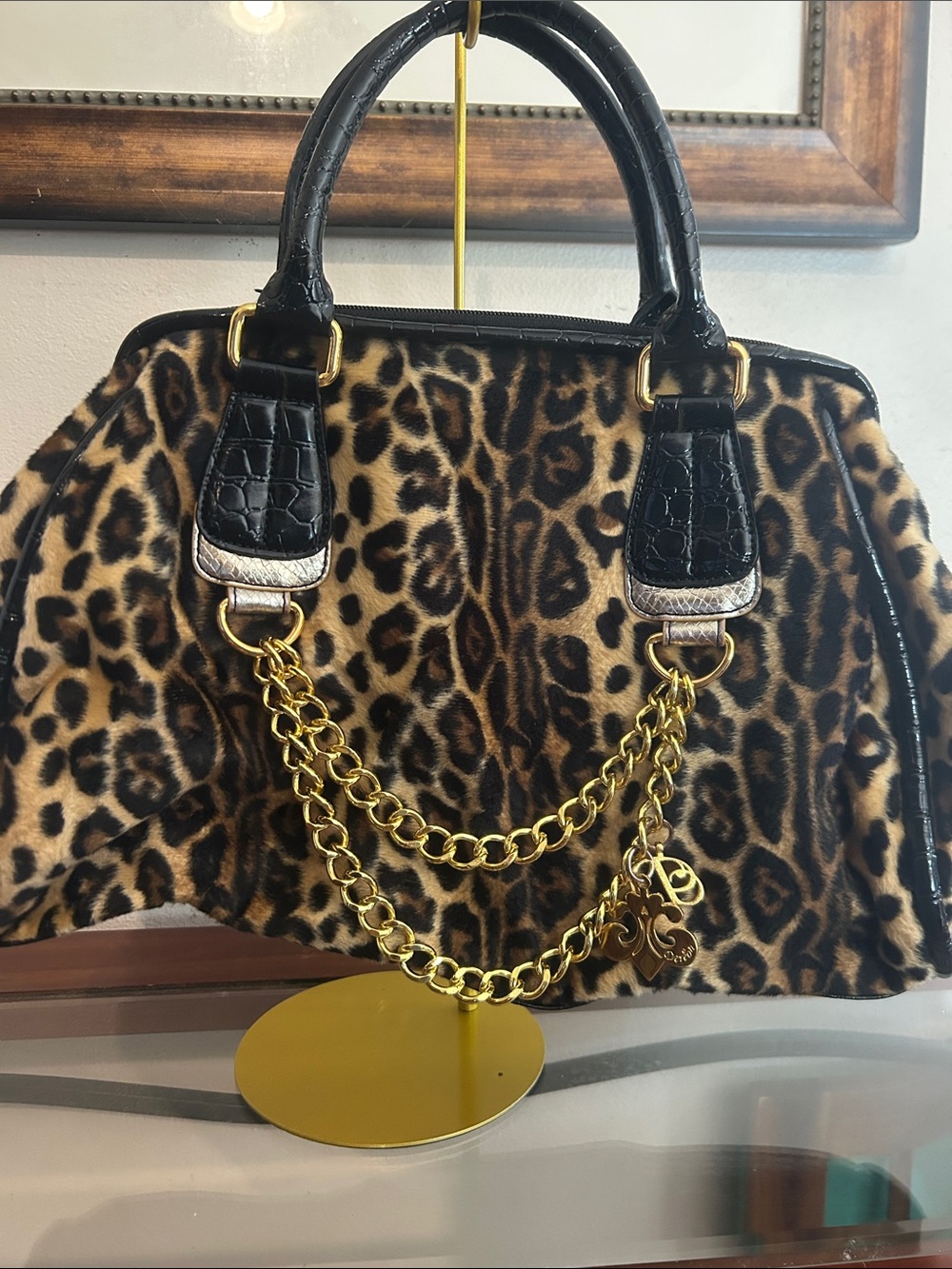 Dereon Leopard Print Satchel with Black Croc Handles & Gold Chain